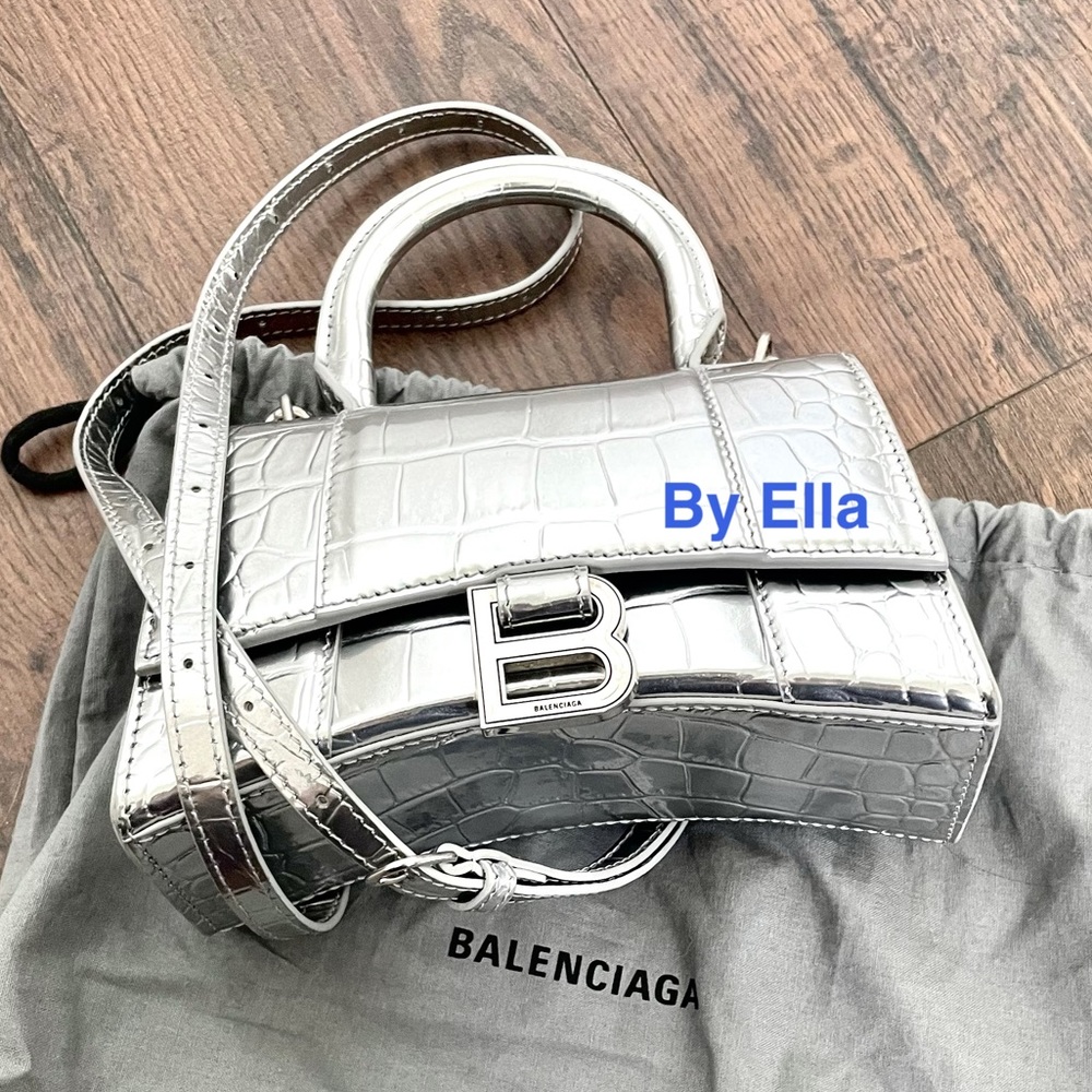 Balenciaga WOMEN'S HOURGLASS XS HANDBAG CROCODILE EMBOSSED IN SILVER